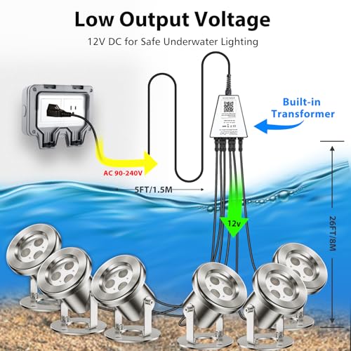 Underwater Pond Light with APP Control & 12V Transformer (Black Wire / 6-IN-1 Spotlight)
