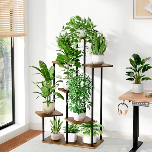 Large Plant Stand Indoor Tall Metal Plant Shelf (Brown Oak / 7 Tier)