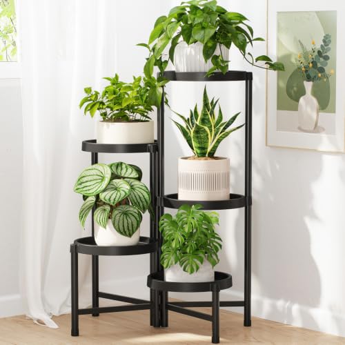 Plant Stand Indoor Outdoor with Large 10 Inch Plastic Tray (Classic Black with Large Tray / 5 Tier)