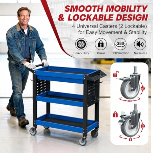 3 Tier Heavy Duty Metal Rolling Tool Cart with Drawers (Blue Black With Drawers)