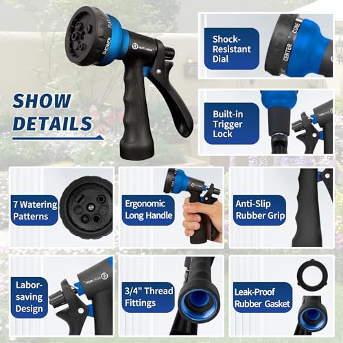 Garden-Hose-Nozzle, 2 Pack ABS Water Spray Nozzle with Heavy Duty 7 Adjustable Watering Patterns,Slip Resistant for Watering Plants,Lawn& Garden,Washing Cars,Cleaning,Showering Pets - Blue (Blue)