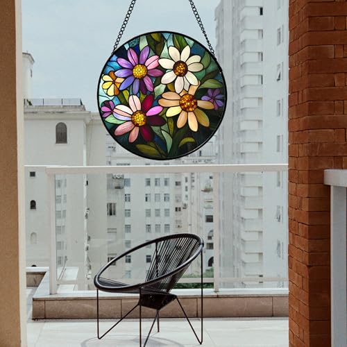 Colorful Garden Flowers Stained Glass Window Hanging Suncatcher Gifts 6.3" (Purple / 6.3x6.3 IN)