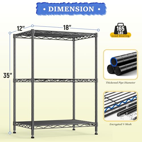 3 Tier Narrow Shelf Adjustable Storage Rack for Closet Bedroom (Black-17.7”W × 11.8”D × 35.4”H（2P）)