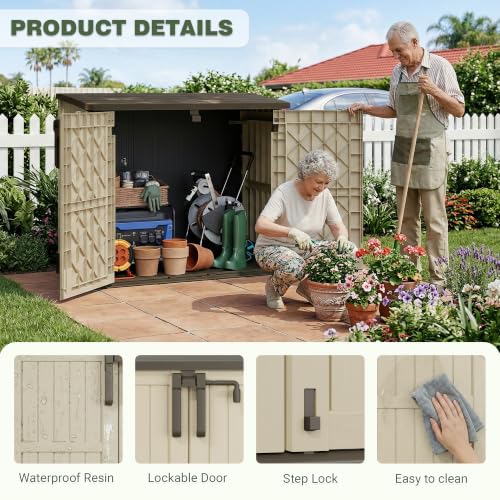 Waterproof Outdoor Storage Box 36 Cu Ft with Lockable Doors (Beige-Brown / 29.1"×51.1"×43.3")
