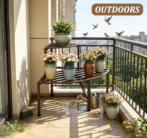 2 Tier Corner Plant Stand Outdoor Metal (Corner-Coffee)