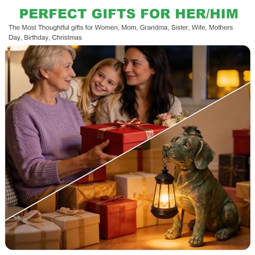 Garden Statue Dog Figurine Decor with Solar Lights 11in Outdoor Decoration (Bronze - Dog with Lantern)