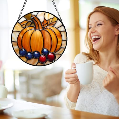 Pumpkin Berry Harvest Stained Glass Window Hanging Suncatcher Gifts 6.3"
