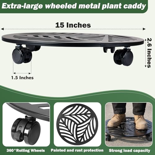 1 Packs Large Metal Plant Caddy with PU Wheels 15" Heavy (15")