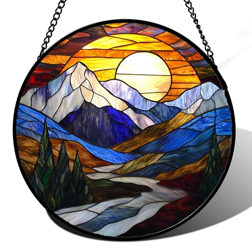 Blue Mountains Stained Glass Window Hanging Suncatcher Gift for Women 15"