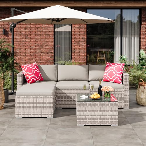 5-Piece All-Weather Patio Furniture Set, Convertible Outdoor Sectional Sofa with Ottoman & Tempered Glass Table, PE Rattan Conversation Set for Garden, Backyard, Porch, Poolside (Grey/Light Grey / 5 Pieces)
