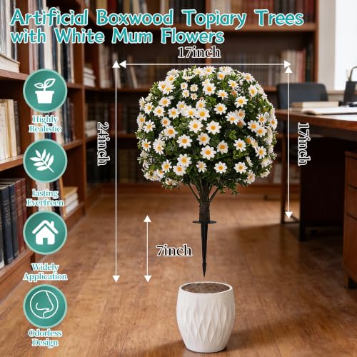 2 Pack Artificial Boxwood Topiary White Mum Flowers 24 UV Resistant Outdoor (Boxwood-daisy)