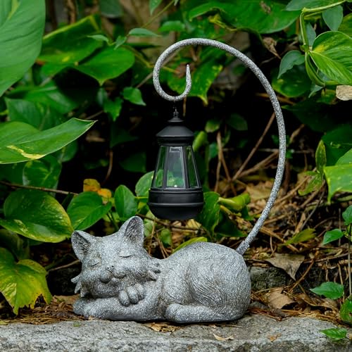 Outdoor Cat Figurine Garden Statue with Solar (Marbled)