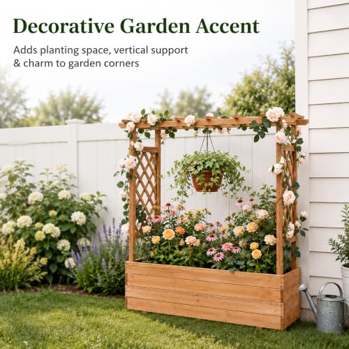 Raised Garden Bed with Arch Trellis & Hanging Roof for Climbing Plants (Brown / W55 x D17.5 x H44.5in)