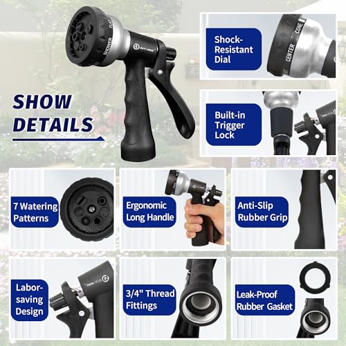 Garden-Hose-Nozzle, 2 Pack ABS Water Spray Nozzle, 7 Adjustable Watering Patterns, Slip Resistant for Watering Plants, Lawn& Garden, Washing Car, Showering Pets & Outdoor Fun.Silver Color (Silver)