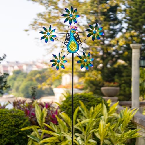 Peacock Colorful Flowers Wind Spinner with Stake (Green)