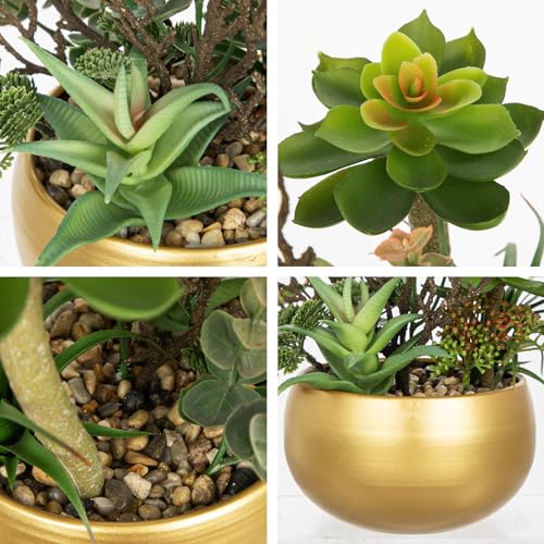 Artificial Succulent Plants in Gold Pot Faux Succulent Arrangement Fake Potted Plants with Pebbles for Home Office Desk Shelf Table Decor (Gold)