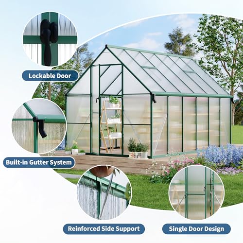 8X12FT Polycarbonate Greenhouse with Aluminum Frame (Green / 8X12FT)