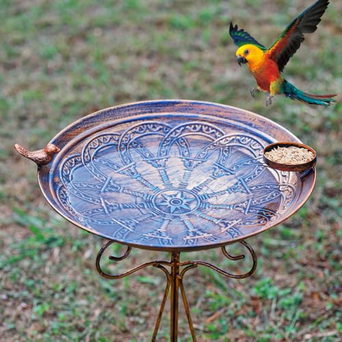 13" Vintage Metal Bird Bath with Cast Iron Pedestal (Brown-1)