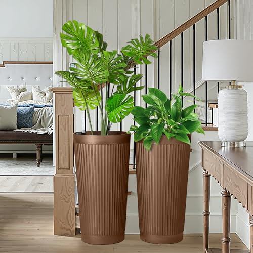 Self Watering Tall Planters Set of 2 (Brown-round Ribbed)