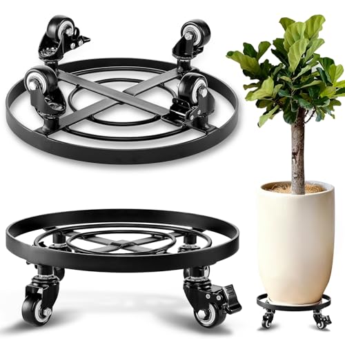Metal Plant Caddy with Wheels Heavy Duty Iron Rolling Casters Plant Stand 2 Pack 12" Rollers Round Flower Pot Rack on Dolly Holder Indoor Outdoor Planter Trolley (12 inch x 2 pack)