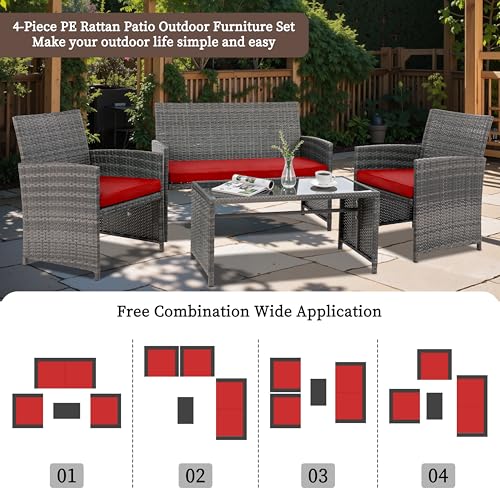 4 Piece Patio Ratten Set Outdoor Furniture Set Wicker Conversation Set with Cushions and Tempered Glass Tabletop (Red)