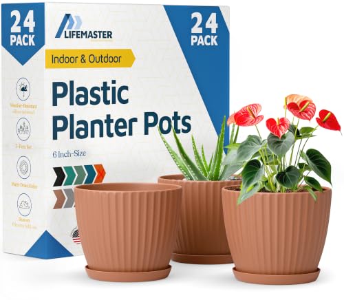 Terracotta 6 Inch Plant Pots with Drainage & Saucers 24 Pack (Terracotta / Pack of 24)