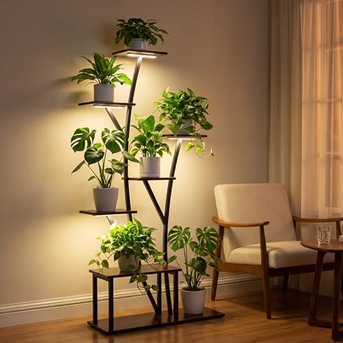 7 Tier Tall Plant Stand with Grow Light For Indoor Plants Growing 60in Indoor Flower Stand Tree (Black-60")