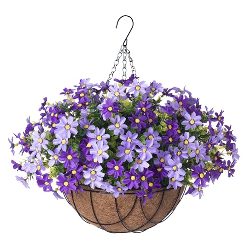 Artificial Flowers with Hanging Planter for Outdoors (Cpurple)