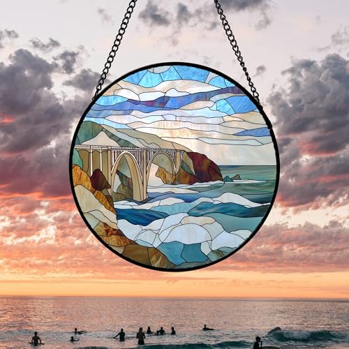 Stained Glass Window Hanging 4 Pcs Set Ocean Waves 6.3" (4-piece Set: Bblue Waves / 6.3x6.3 IN)