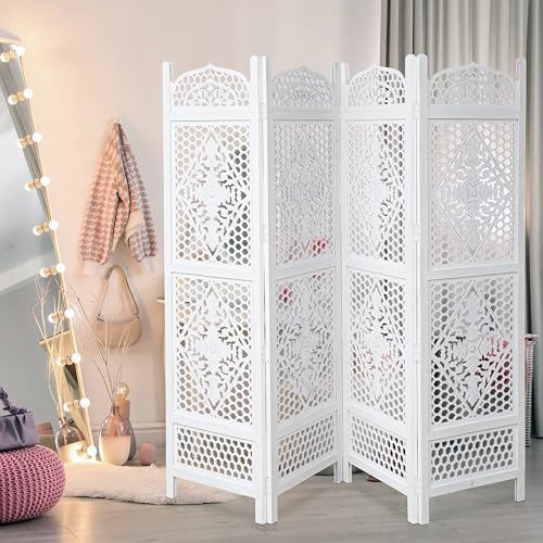 Room Divider Wooden Foldable Hand Carved Screens Panel_80" Wx72 H_4Panel (Antique White / 80"W x 72"H - Minar)