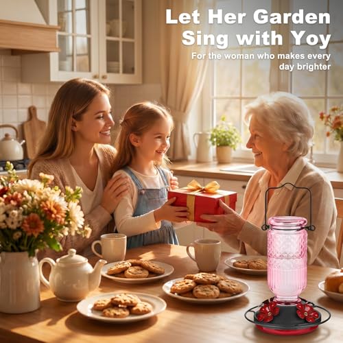 Glass Hummingbird Feeder for Outdoors Hanging (Pink)