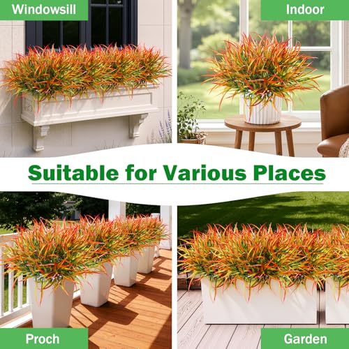 28 Bundles Artificial Outdoor Plants UV Resistant Fake Grass Plants Faux Plastic Plants for Home Garden Spring Summer Decor (Green & Red / 28)