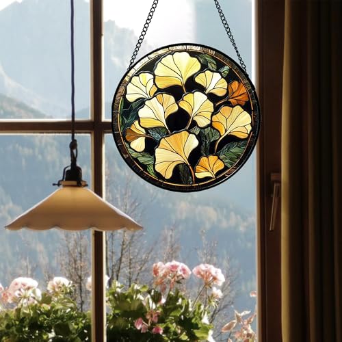 Ginkgo Leaves Stained Glass Window Hanging Suncatcher Gifts for Women 15"