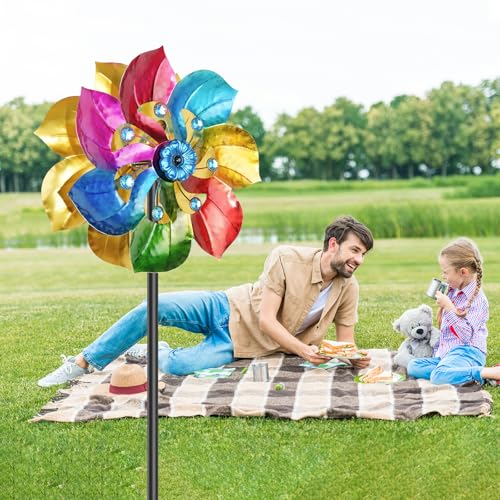 Double Sided Wind Spinner Outdoor Metal Wind Sculpture with Adjustable Height Pole & 5 Prong Base (Colorful)