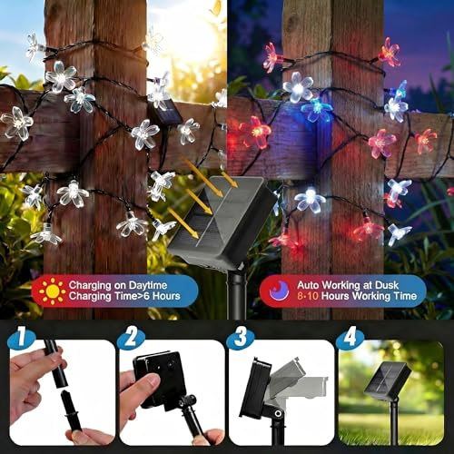 50 LED Solar Flower String Lights Outdoor Waterproof Fairy Lights (Red White&Blue / 1 Pack)