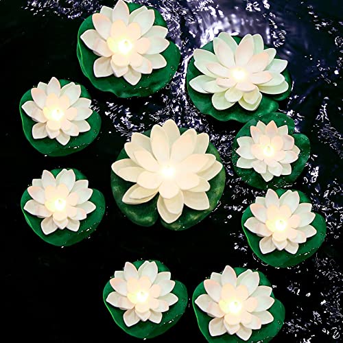 9 Pcs 3.94 5.91 in Floating Lotus Lights with Battery (3.94/ 5.91 Inch / White, Yellow Light)