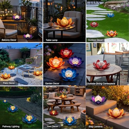 Solar Lights Outdoor Garden Decoration Crackle Globe Glass Waterproof LED Metal Orange Lotus Flowers Gift for Mom (Dazzling Blue)
