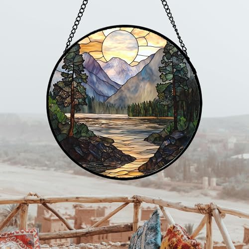 Mountain Lake Stained Glass Window Hanging Suncatcher Gifts for Women 9.8"