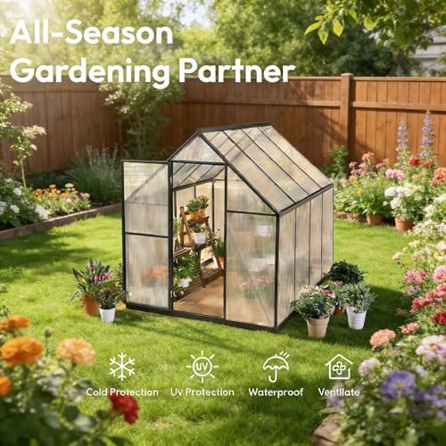 6 x 8 FT Polycarbonate Greenhouse with Roof Vent (Charcoal Black / 6×8FT)