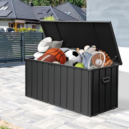 Outdoor Metal Storage Deck Box Waterproof 100 Gal Patio Pool Deck Box (Dark Grey)