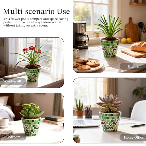 Mosaic Terracotta Flower Pot with Ladybug Design (Green)