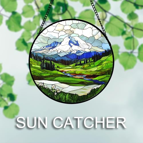 Stained Glass Window Hanging 4 Pcs Set Mountains Lake Green White Landscape 6.3" (4-piece White and Green Set / 6.3x6.3 IN)