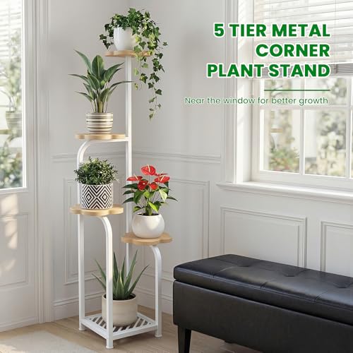 Tall 5 Tier Wood Plant Stand Indoor (Wood + White / 5-Tier Square Base)