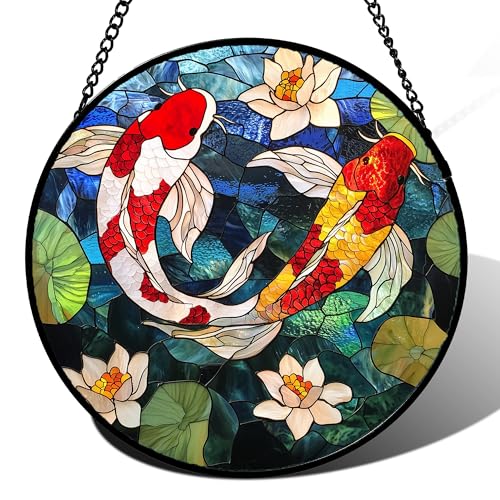 Stained Glass Window Hanging Carp Suncatcher Gifts for Women 9.8" (Red and White / 9.8x9.8 IN)