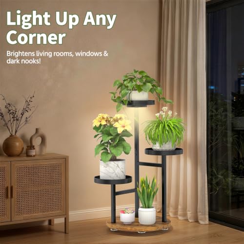 Corner Plant Stand Indoor Shelf Tall with Lights (Matte Black - Brown with Light / 3 Tier)
