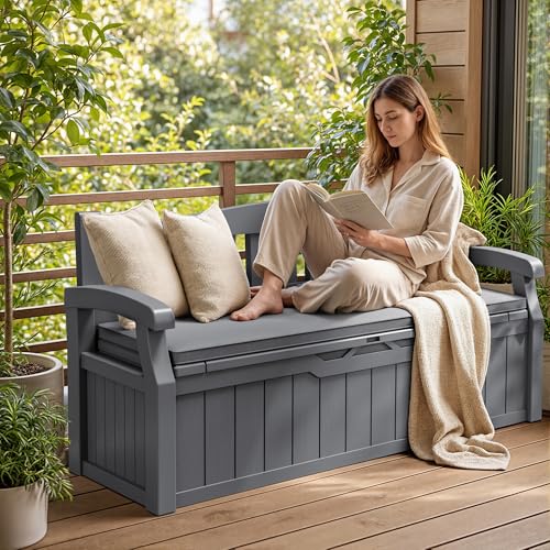80 Gallon Resin Outdoor Storage Bench with Cushion. Waterproof (Grey / 80 Gal with Cushion)