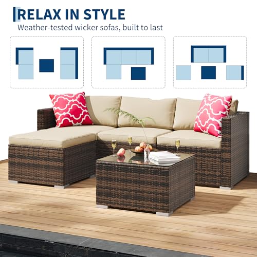 5-Piece All-Weather Patio Furniture Set, Convertible Outdoor Sectional Sofa with Ottoman & Tempered Glass Table, PE Rattan Conversation Set for Garden, Backyard, Porch, Poolside (Brown/Khaki / 5 Pieces)