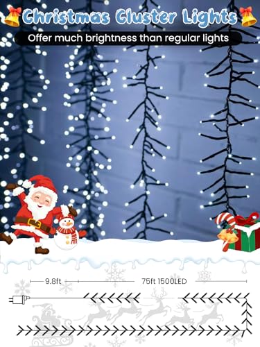 Christmas Cluster Lights 75FT 1500 LED String Lights with Remote Cool White (Cool White / 1500LED)