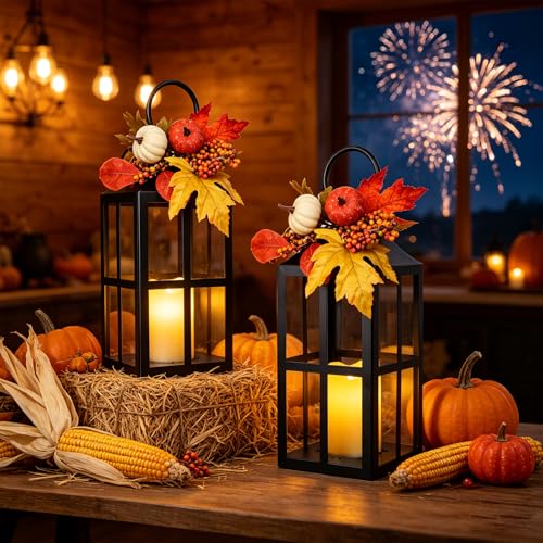 Fall Lanterns LED Candles 2 Pack 17.7 Inch Thanksgiving Decor Timer