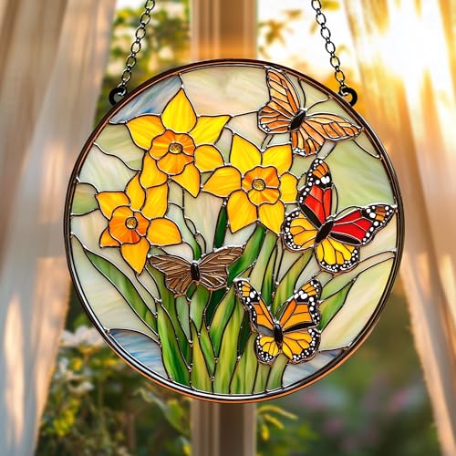 Daffodil Birth Flower Acrylic Suncatcher Floral Window Hanging Birthday Gift for Mom (1-fba-evg-c020-g / 12")